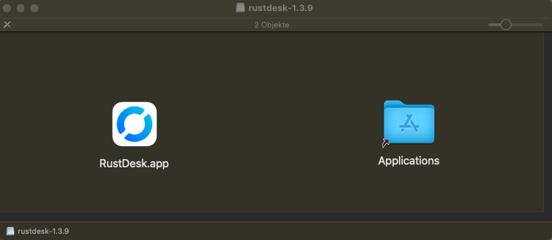 RustDesk-Symbol wird auf den macOS Applications-Ordner gezogen.