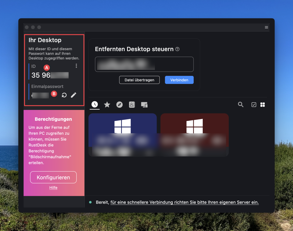 RustDesk-Oberfläche mit markierter ID (A) und Einmalpasswort (B).